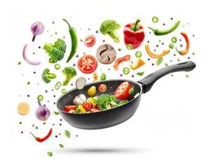 A symphony of freshness: vibrant vegetables floating in the air around a sizzling frying pan, capturing the essence of a nutritious and delicious meal - obrazy, fototapety, plakaty