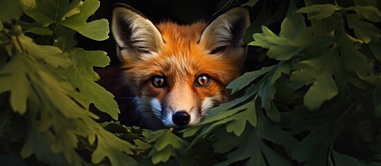 Naklejka premium Fox peeks through lush green foliage with glowing eyes
