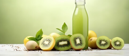Kiwi juice bottle beside sliced fruit