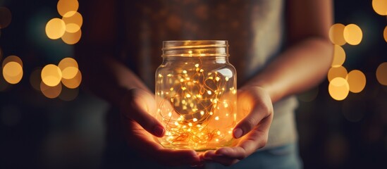Man holding jar with twinkle lights - Powered by Adobe