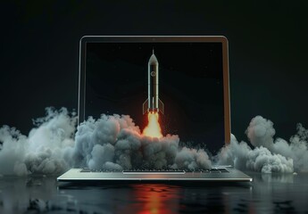 Take off into digital space: the mesmerizing intersection of technology and space exploration, visualized through a rocket launch appearing on a laptop screen