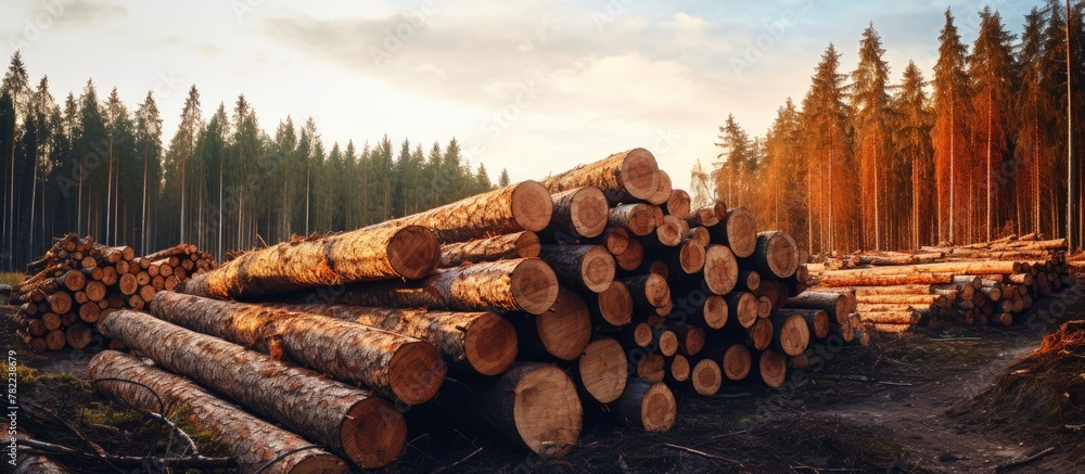 Poster stacked logs in forest