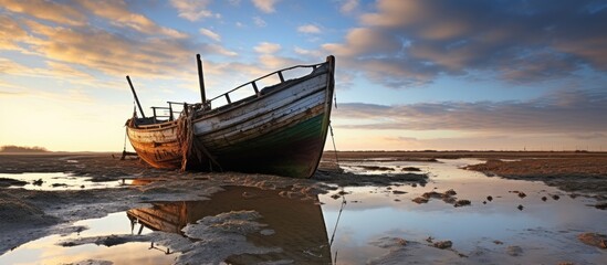 An old boat decaying on the riverbank in Suffolk - obrazy, fototapety, plakaty