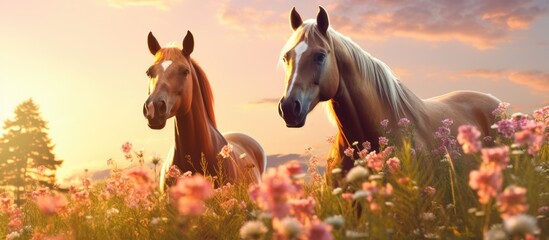 Two horses grazing meadow flowers sunset background