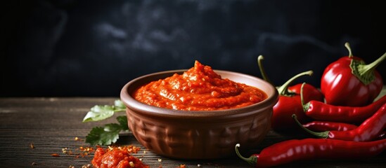 Red hot chili sauce with peppers in a bowl