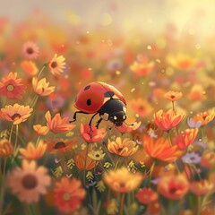Obraz na płótnie Canvas Adding charm to the sunlit meadow's tapestry, a vivid red ladybug explores the colorful world of wildflowers.