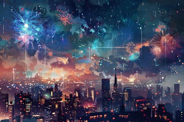 dazzling independence day fireworks display over a futuristic cityscape digital art - obrazy, fototapety, plakaty