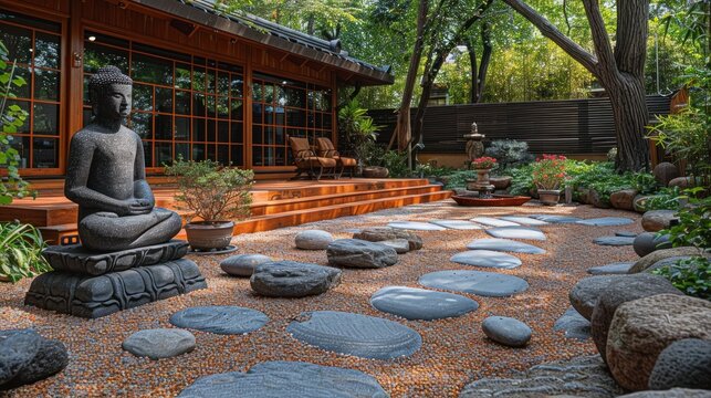 Tranquil meditation session in a traditional Zen garden, fostering inner peace