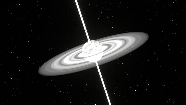 pulsar neutron star rotation 3d representation. Can be used to represent a gravity singularity, an intense magnetic field, electromagnetic radiation star or universe period precise clocks