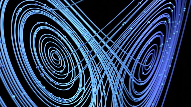 mathematical simulation of the chaos theory and butterfly effect 3d illustration. Can be used to represent lorenz attractor nonlinear dynamics turbulence of initial conditions or fractal geometry