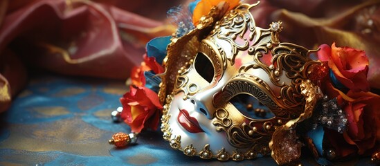 Handmade traditional mask with floral design on blue background