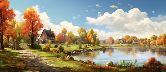 Fototapeta na wymiar Autumn landscape with serene lake and cozy house