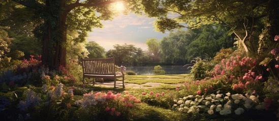 Fotobehang Bench in a charming garden amid blooming flowers © HN Works