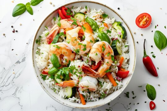 Top view of square image with rice vegetables and shrimp on white background
