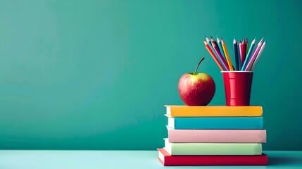Brightly Colored Books on a Desk with Pencils and an Apple, Represents Learning. Clean and Simple Educational Stock Image. Ideal for Back to School Themes. AI