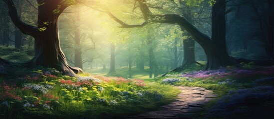 Obraz premium Path winding through blooming woodland