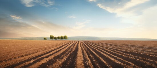 Plowed Field with Tree-lined Horizon - obrazy, fototapety, plakaty