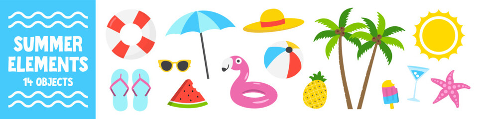 Colorful summer elements. Cute summer icons. Flamingo, tropical palm trees, fruits, summer glasses, drink. Summer holiday beach elements.