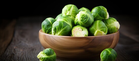 Wooden bowl brimming with Brussels sprouts