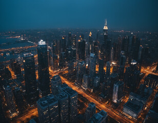 Naklejka premium Elevated Night View of Urban Skyline with Lighted Streets