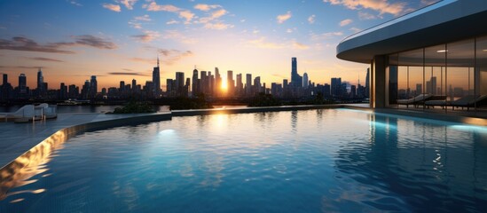 Luxury pool overlooking city skyline at sunset - 782240087