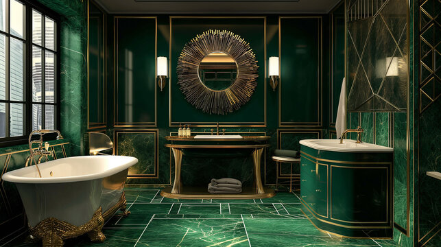 An Art Deco bathroom embraces the glamour and opulence of the 1920s and 1930s. Rich colors like emerald green, sapphire blue, and ruby red, paired with metallic accents in gold, brass, or chrome