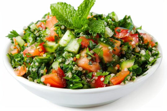 Traditional Lebanese salad of tabbouleh and fattoush served on a white background