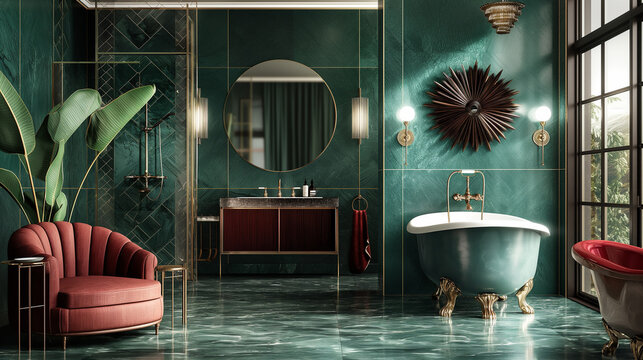 An Art Deco bathroom embraces the glamour and opulence of the 1920s and 1930s. Rich colors like emerald green, sapphire blue, and ruby red, paired with metallic accents in gold, brass, or chrome