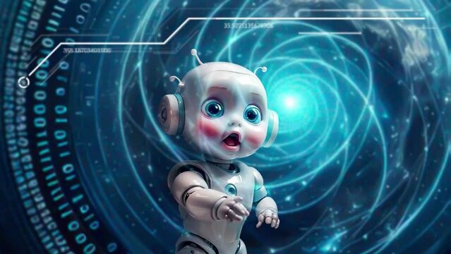 
Animated AI generated picture shows a childlike robot with big astonished eyes. 3D effect and electrical processes in the background.