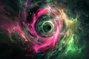 Foto op Plexiglas dynamic pink and green abstract swirls spiraling into mysterious black hole mesmerizing cosmic texture digital art © furyon