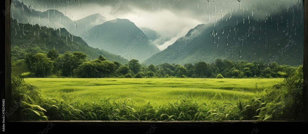 Poster view of grass and mountains through a window