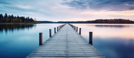 Wooden pier reaching into lake amidst trees
