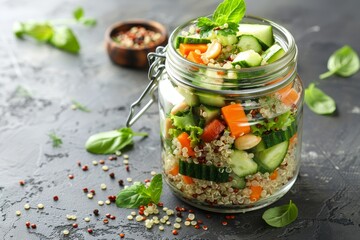Vegetarian salad in glass jar with quinoa and veggies Clean eating and detox concept