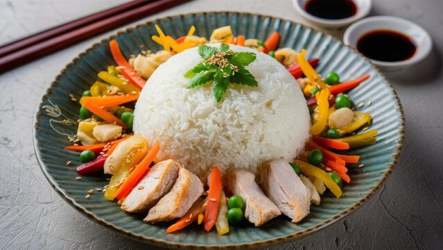 rice plate, consisting of perfectly steamed white rice. The plate is garnished with vegetables, including carrots, bell peppers, and peas. Slices of tender, grilled chicken and a sprinkling of sesame 