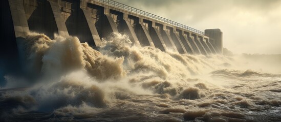 Old dam with rushing water and bridge