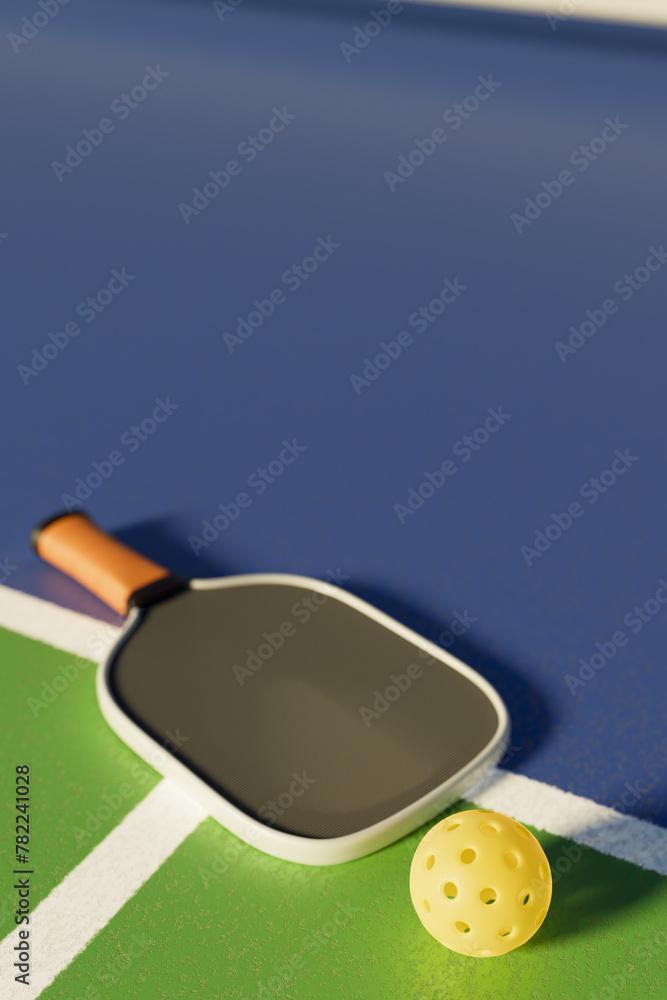 Wall mural a pickleball racket and ball lie on the court line 3d rendering.