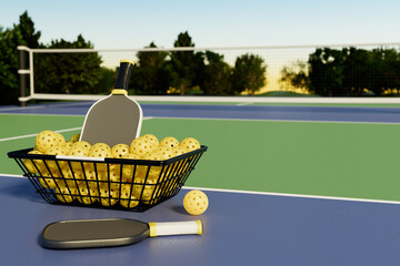 Pickleball rackets and balls in a basket on an outdoor court. 3d rendering.
