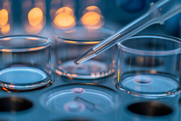 Recherche cellulaire, scientifique pipetant des échantillons dans une plaque multi-puits lors d'une expérience en laboratoire