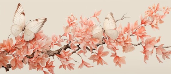 Butterflies perched on tree branch with pink blooms