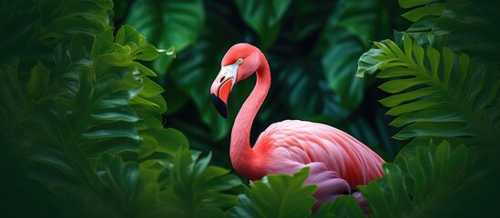 Pink flamingo amidst verdant forest