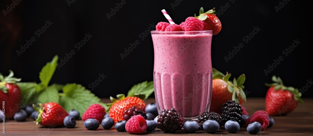 Poster glass with mixed berries and strawberries on table