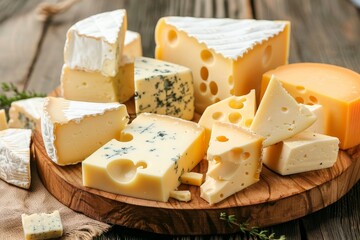 Fototapeta na wymiar Variety of cheeses on wooden board