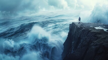 A lone figure standing on a cliff edge, facing a turbulent sea with waves crashing against the...