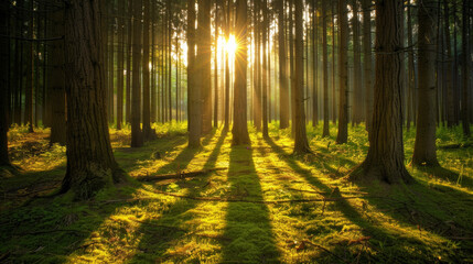 Sunrise peering through the forest trees
