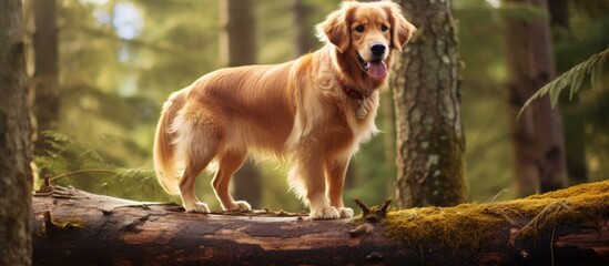 Golden retriever dog perched on tree