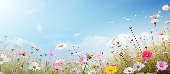 Field of blooming flowers under a blue sky