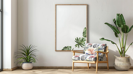 Elegant interior with a floral armchair, indoor palm, and white picture frame on a paneled wall. Stylish and bright room with hardwood flooring. Home design and decor concept. Design for furniture 