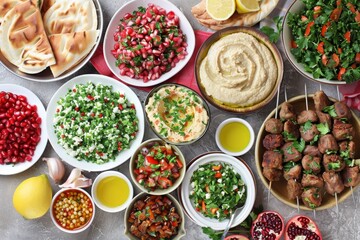 Variety of Middle Eastern dishes including tabbouleh shawarma hummus falafel and pita Arab cuisine for a party dinner ViewModel of Middle Eastern di - obrazy, fototapety, plakaty