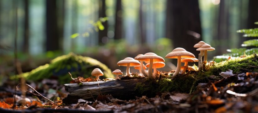 Mushrooms growing on forest log with green moss and autumn leaves
