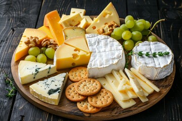 Various cheeses on a round wooden board with Camembert oak grated cheese hard cheese slices nuts grapes crackers bread thyme on a dark wooden backgr
